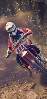 Motocross rider in action on a dirt track background.