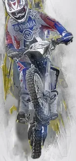 Motocross rider performing a jump in vibrant and dynamic style.
