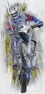 Motocross racer performing a jump with a dynamic background.