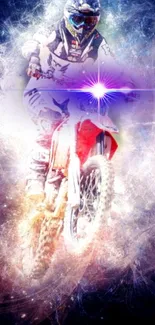 Motocross rider in action with cosmic backdrop.