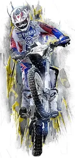 Dynamic motocross rider in action on a vibrant motorcycle with striking colors.