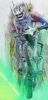 Motocross rider performing stunt on green and white themed wallpaper.