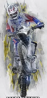 Motocross rider jumping on dirt bike, colorful action scene.