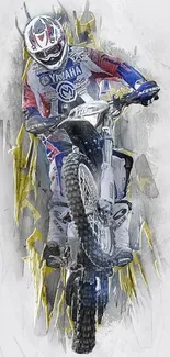 Motocross rider in dynamic action on motorcycle with vibrant colors.