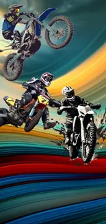 Motocross riders performing stunts against a colorful, dynamic background.