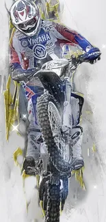 Motocross rider in action with dynamic graphic design.