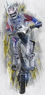 Dynamic motocross rider in vibrant digital art with gray tones.