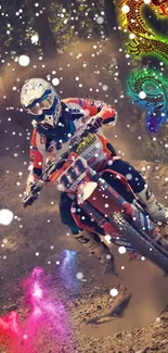 Motocross rider with dragon design and snow effect on a dirt track.