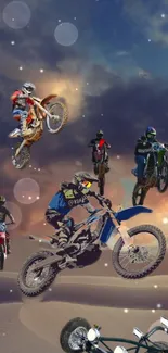 Motocross riders performing stunts against a sunset background.