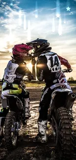 Motocross riders at sunset on a dirt track, full of vibrant energy.