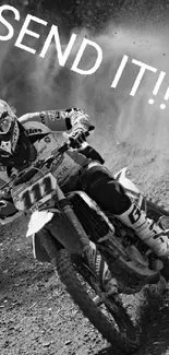 Motocross rider in action on a dirt track with 'SEND IT!!!' text overlay.