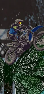 Motocross rider jumps through a vivid forest scene on a colorful bike.