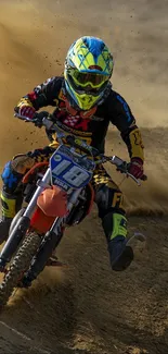 Motocross rider speeding on dirt trail with dynamic motion.