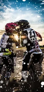 Two motocross riders embrace in a dynamic sunset scene with snow effect.