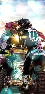 Two motocross riders in vibrant sunset scenery.