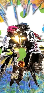 Motocross riders in vibrant abstract artwork on mobile wallpaper.