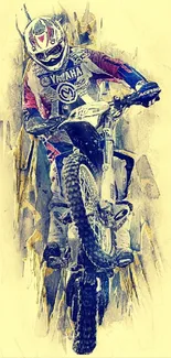 Motocross rider in action against a vibrant abstract background.