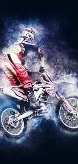 Motocross racer performing a jump with vibrant smoke effects.