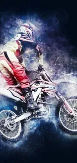 Motocross rider performing stunt with smoke effect on dark background.