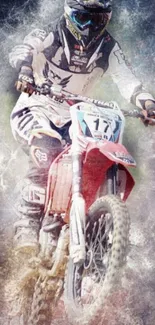 Motocross rider in action on a red bike, set against a textured background.