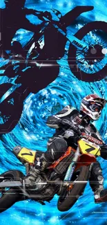 Motocross bike stunts with blue swirl background.