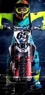 Motocross rider in neon gear riding a dirt bike.
