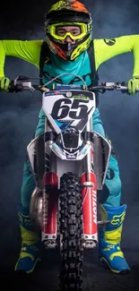 Motocross rider in vibrant gear on a smoky background.