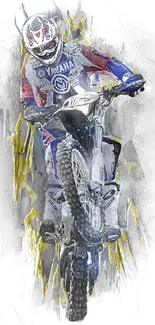 Motocross racer speeding through a dynamic scene with bold graphics.