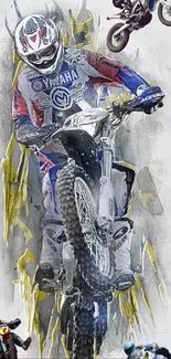 Motocross racer in action with vibrant artwork in dynamic pose on a motorcycle.