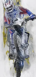 Motocross biker performing a jump in vibrant, dynamic artistic style.