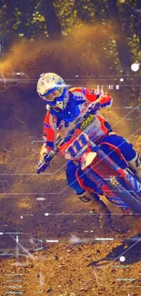 Motocross rider racing on dirt track with dust cloud.