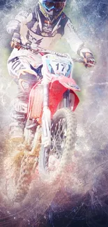 Motocross rider jumps with smoke effects around a red dirt bike.