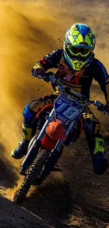 Motocross rider speeding on a dirt track, capturing dynamic action and excitement.