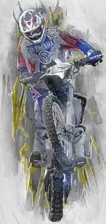 Motocross rider in artistic design with blue and red highlights on a gray background.