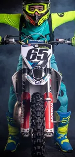 Motocross rider in vibrant gear racing with smoky background.