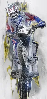 Motocross rider performing a jump in vibrant racing gear.