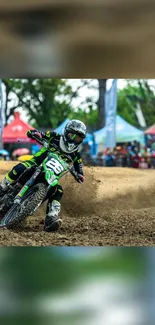 Intense motocross rider taking a sharp turn on a dirt track.