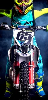 Motocross rider in vibrant gear on a motorbike, set against a smoky background.