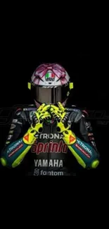 MotoGP racer in full gear in black background, detailed helmet and suit.