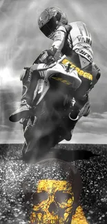 Motorcycle racing action in black, white, and yellow tones.