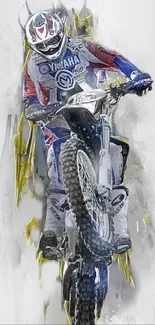 Motocross rider charging forward on a motorcycle with a dynamic and colorful background.