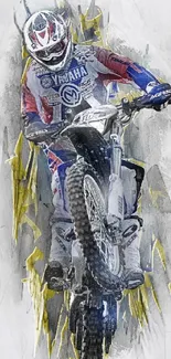 Motocross rider in dynamic action pose on artful wallpaper background.