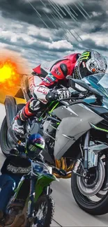 Motorcycle racing with explosion and dynamic action scene.