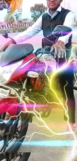 Dynamic motorcycle ride with lightning and a tiger.