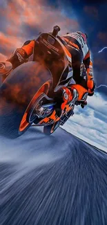 Motorcycle speeding through a stormy road with lightning.