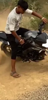 Rider on motorcycle in dusty terrain, showcasing adventure.