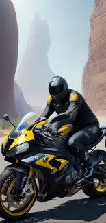 Motorcycle speeding through canyon landscape with dramatic scenery.