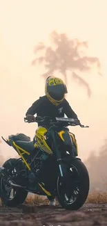 Motorcycle rider in yellow and black gear against a misty background.