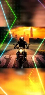 Motorcycle on a road with neon lights and a sunset backdrop.