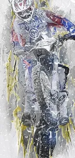 Dynamic motocross rider with colorful splashes in artistic design.